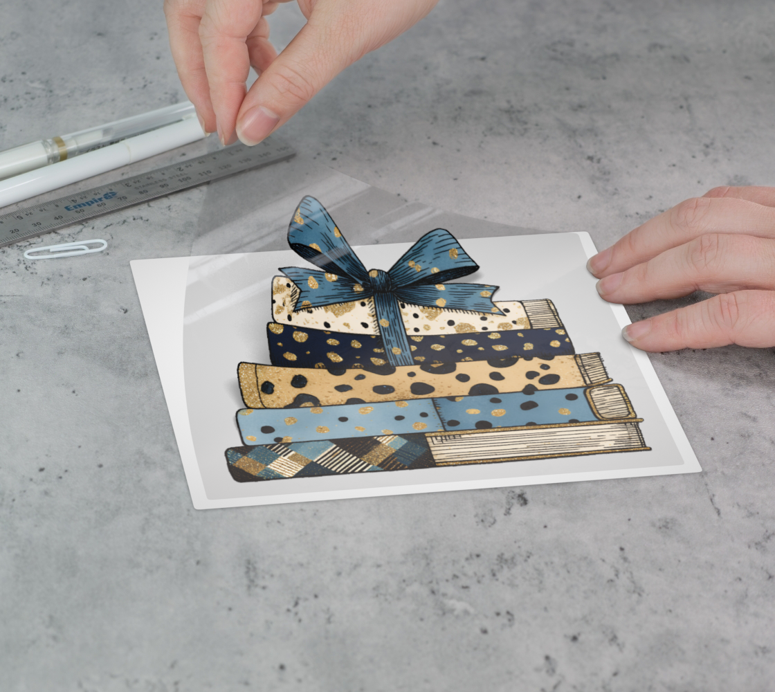 Stacked in Style – Blue & Gold Book Bow Sticker