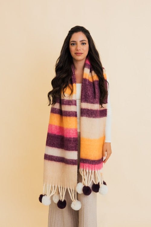 Contrast Color Stripes Chunky Pom Tassel Scarf | book lover gift box by NovelTeas