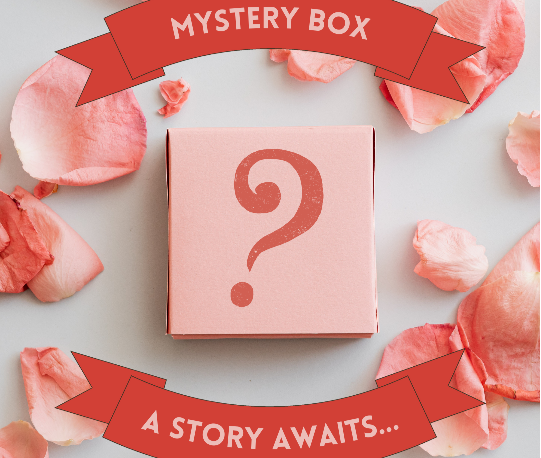 Pink mystery box with question mark surrounded by pink petals and red banners on a light gray background