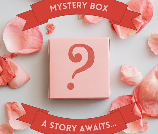 Pink mystery box with question mark surrounded by pink petals and red banners on a light gray background