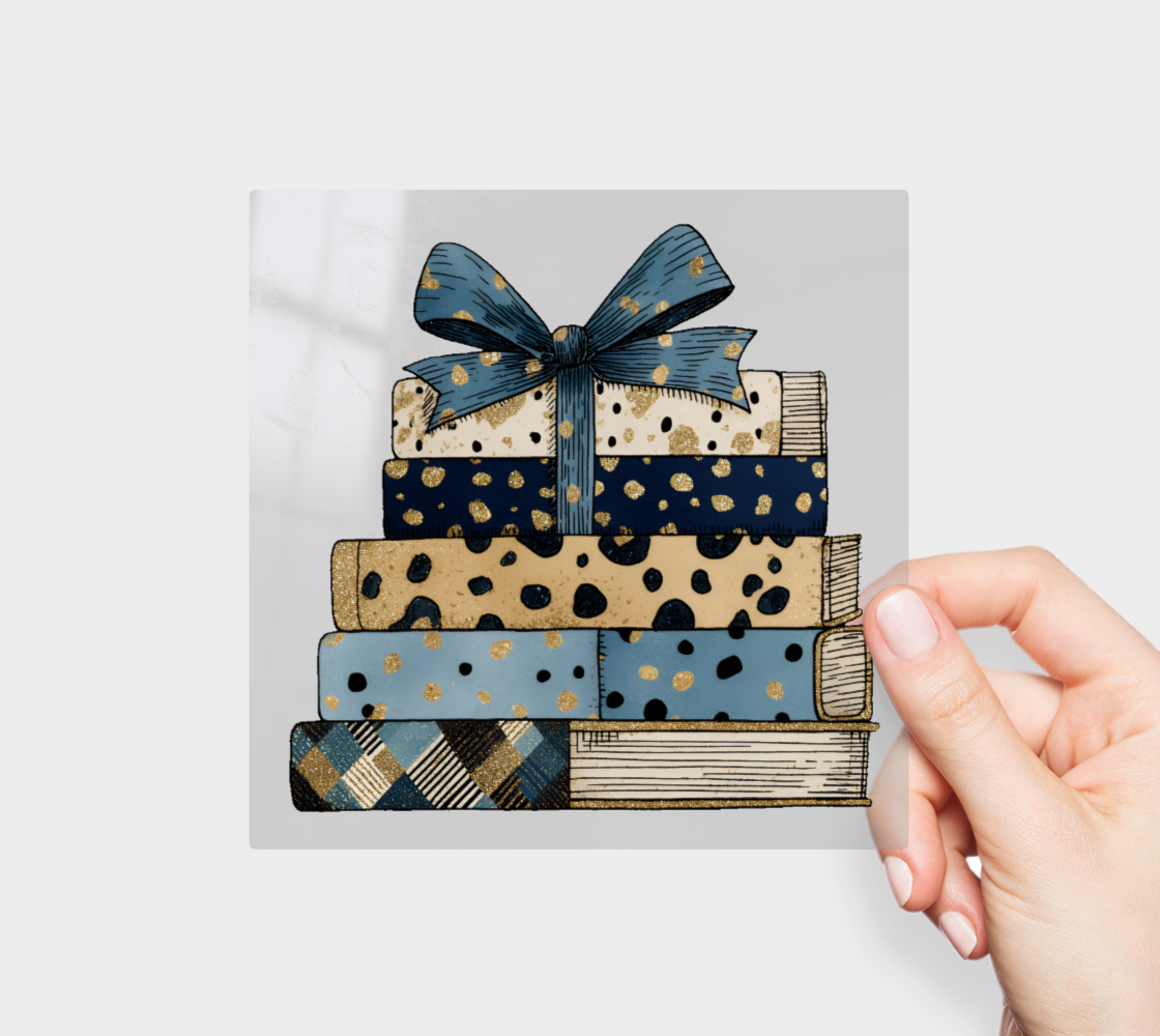 Stacked in Style – Blue & Gold Book Bow Sticker