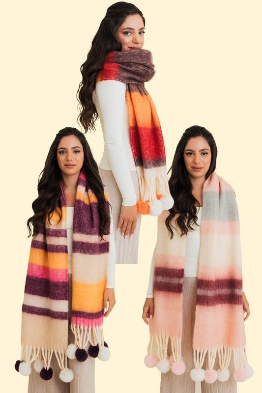 Contrast Color Stripes Chunky Pom Tassel Scarf | book lover gift box by NovelTeas
