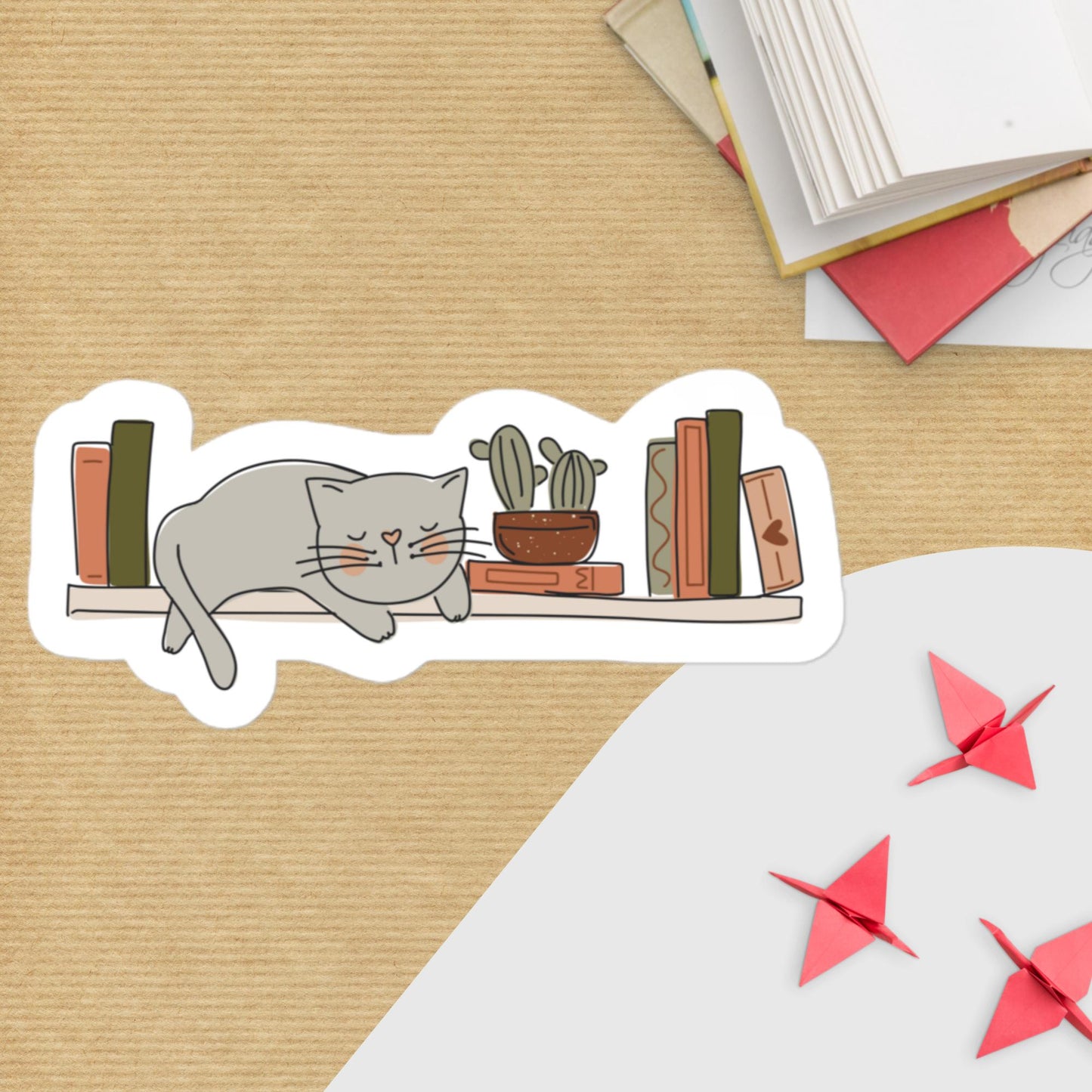 Cozy Cat & Bookshelf Kiss - Cut Sticker – Book Lover Vinyl Decal | book lover gift box by NovelTeas