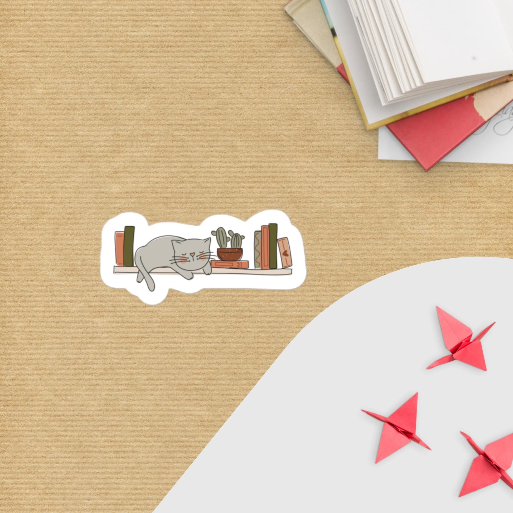 Cozy Cat & Bookshelf Kiss - Cut Sticker – Book Lover Vinyl Decal | book lover gift box by NovelTeas