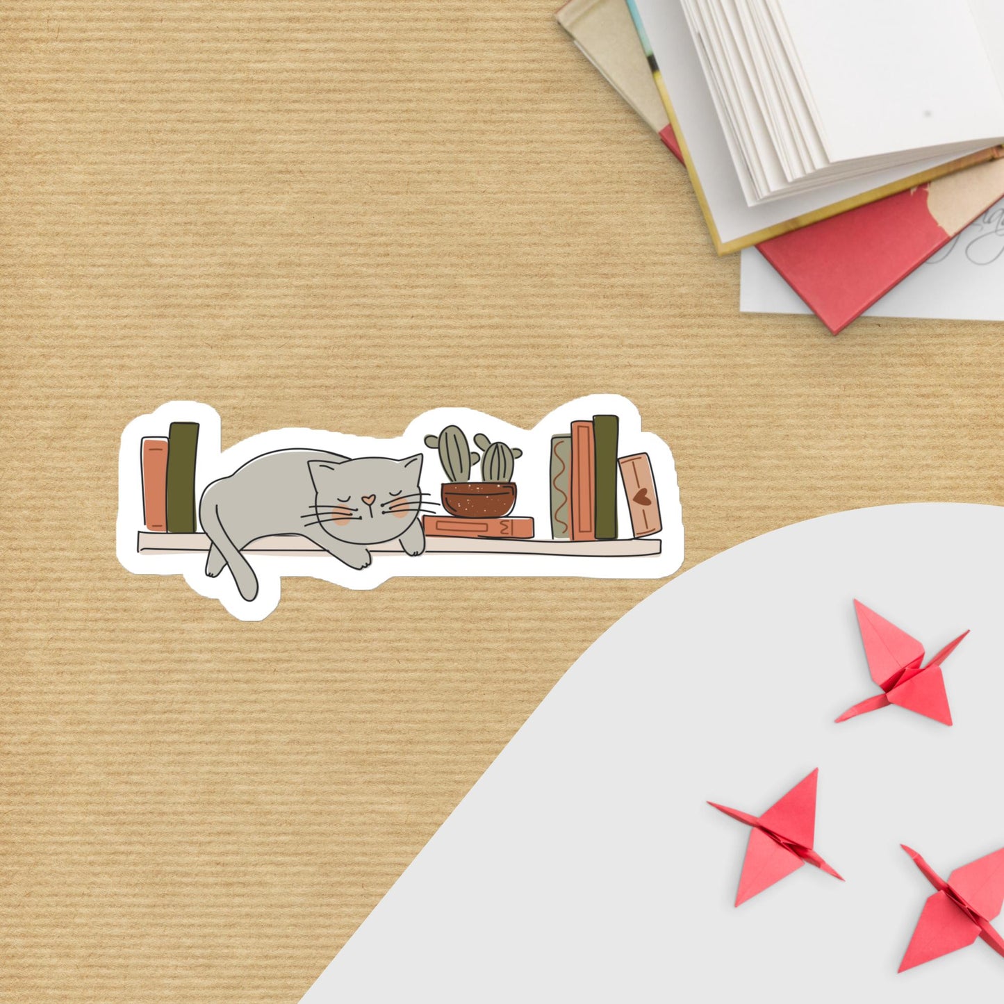 Cozy Cat & Bookshelf Kiss - Cut Sticker – Book Lover Vinyl Decal | book lover gift box by NovelTeas