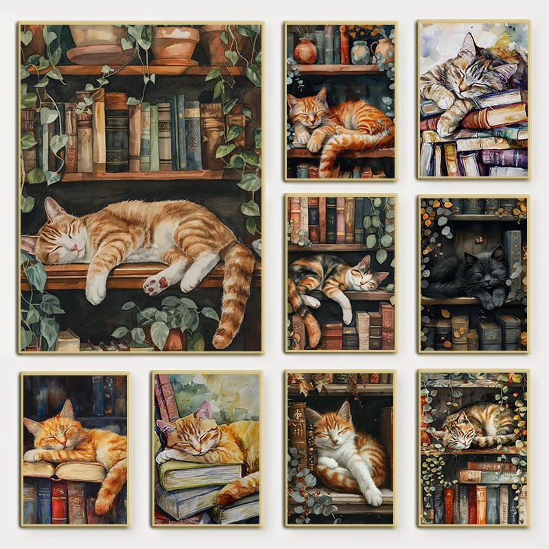 Cute Cat and Book Poster Victorian Moody Bookish Stack Books Canvas | book lover gift box by NovelTeas