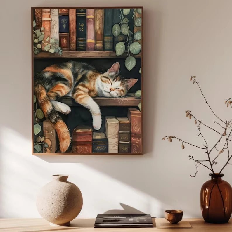 Cute Cat and Book Poster Victorian Moody Bookish Stack Books Canvas | book lover gift box by NovelTeas