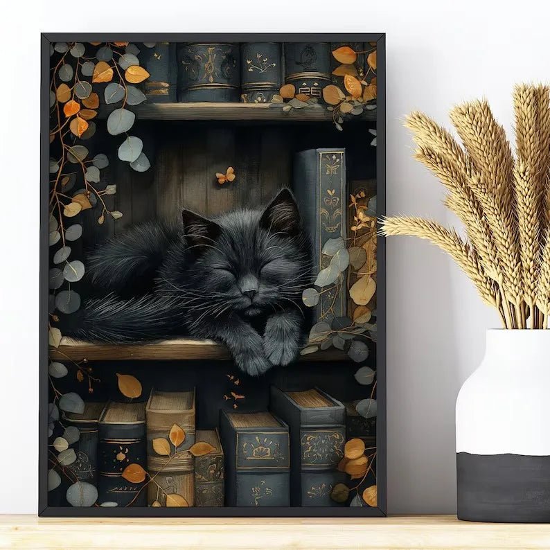Cute Cat and Book Poster Victorian Moody Bookish Stack Books Canvas | book lover gift box by NovelTeas