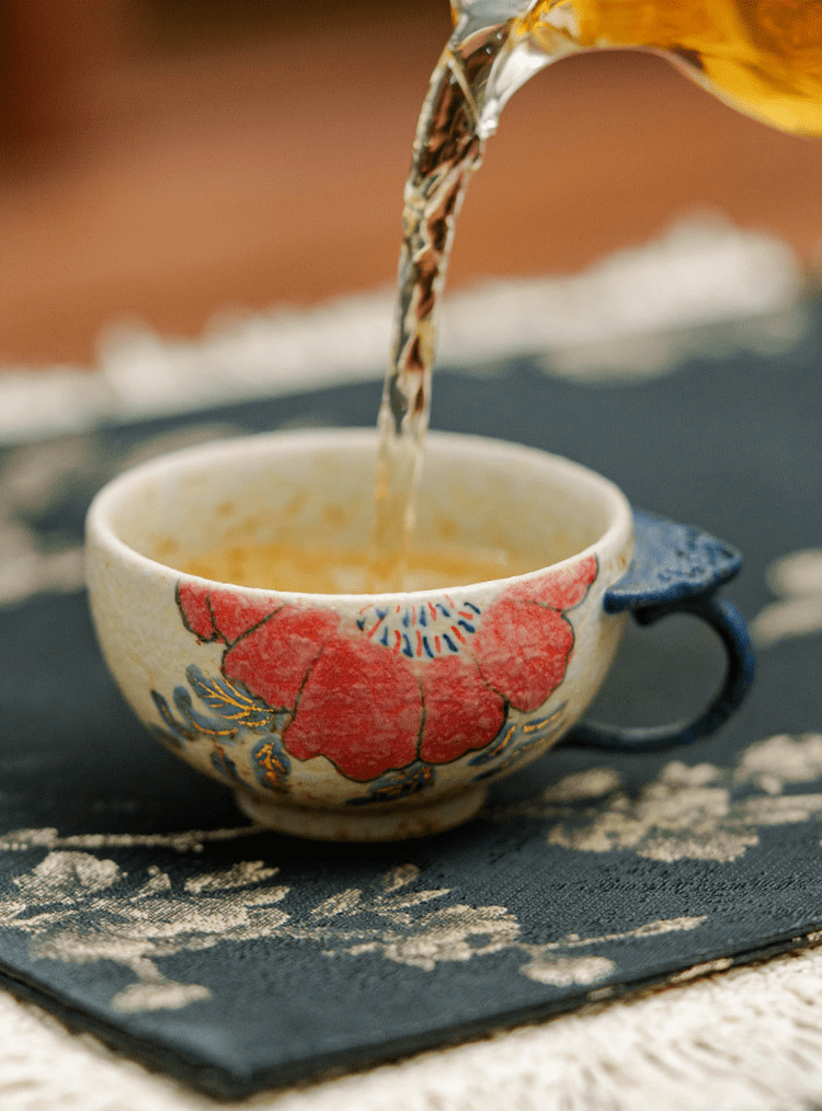 Handcrafted Ceramic Ruyi Handle Cup – Red Floral Teacup for Gongfu Tea | book lover gift box by NovelTeas
