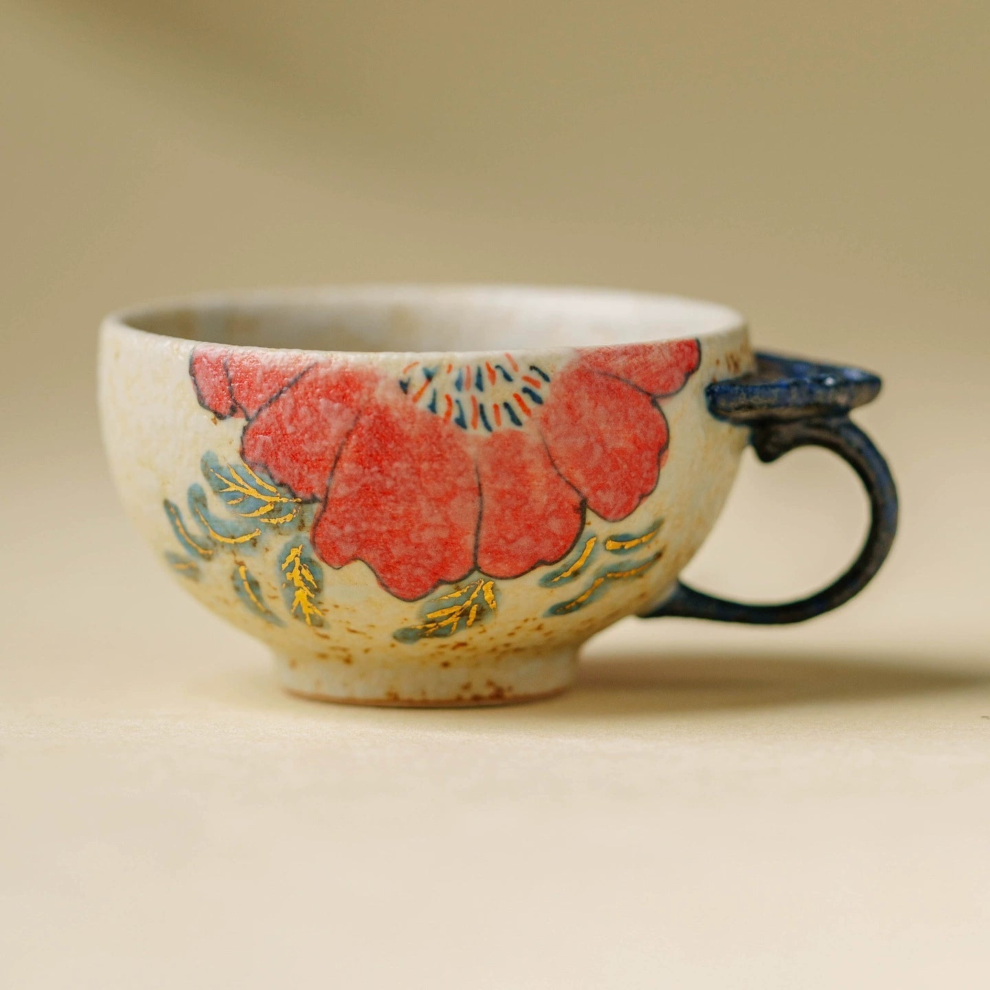 Handcrafted Ceramic Ruyi Handle Cup – Red Floral Teacup for Gongfu Tea | book lover gift box by NovelTeas