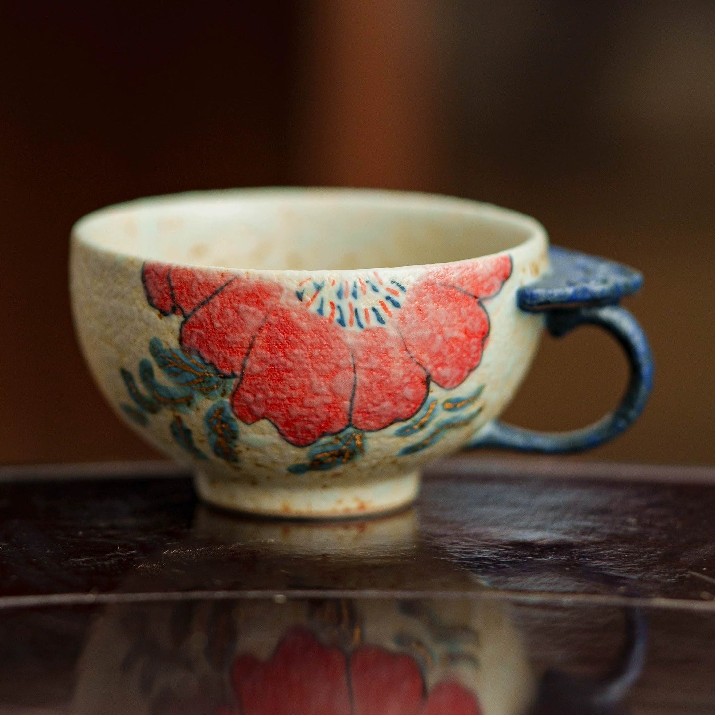Handcrafted Ceramic Ruyi Handle Cup – Red Floral Teacup for Gongfu Tea | book lover gift box by NovelTeas
