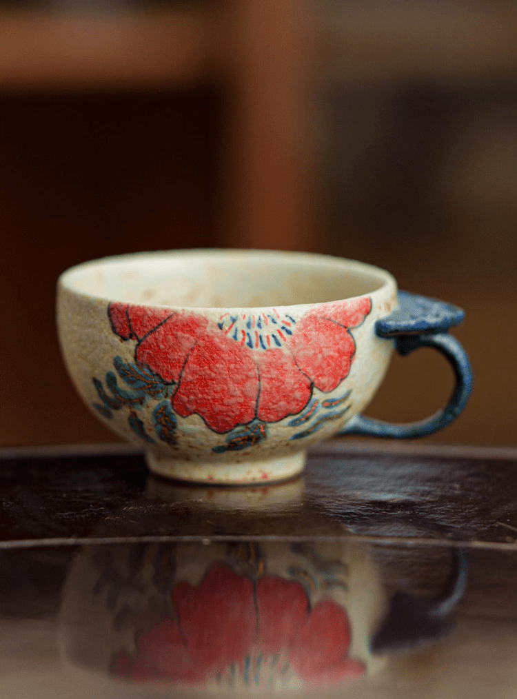 Handcrafted Ceramic Ruyi Handle Cup – Red Floral Teacup for Gongfu Tea | book lover gift box by NovelTeas