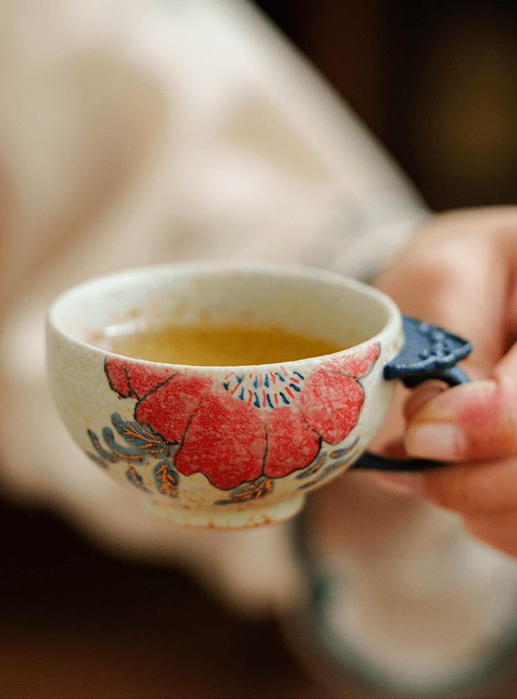 Handcrafted Ceramic Ruyi Handle Cup – Red Floral Teacup for Gongfu Tea | book lover gift box by NovelTeas