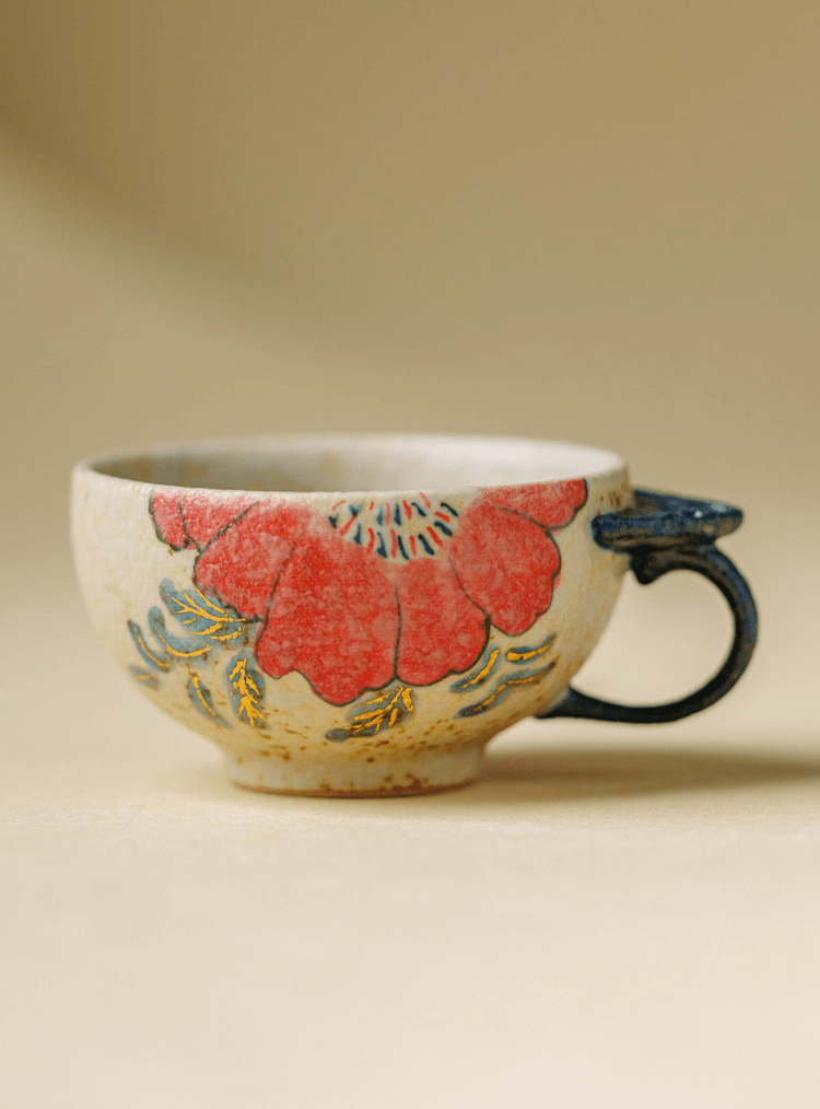 Handcrafted Ceramic Ruyi Handle Cup – Red Floral Teacup for Gongfu Tea | book lover gift box by NovelTeas