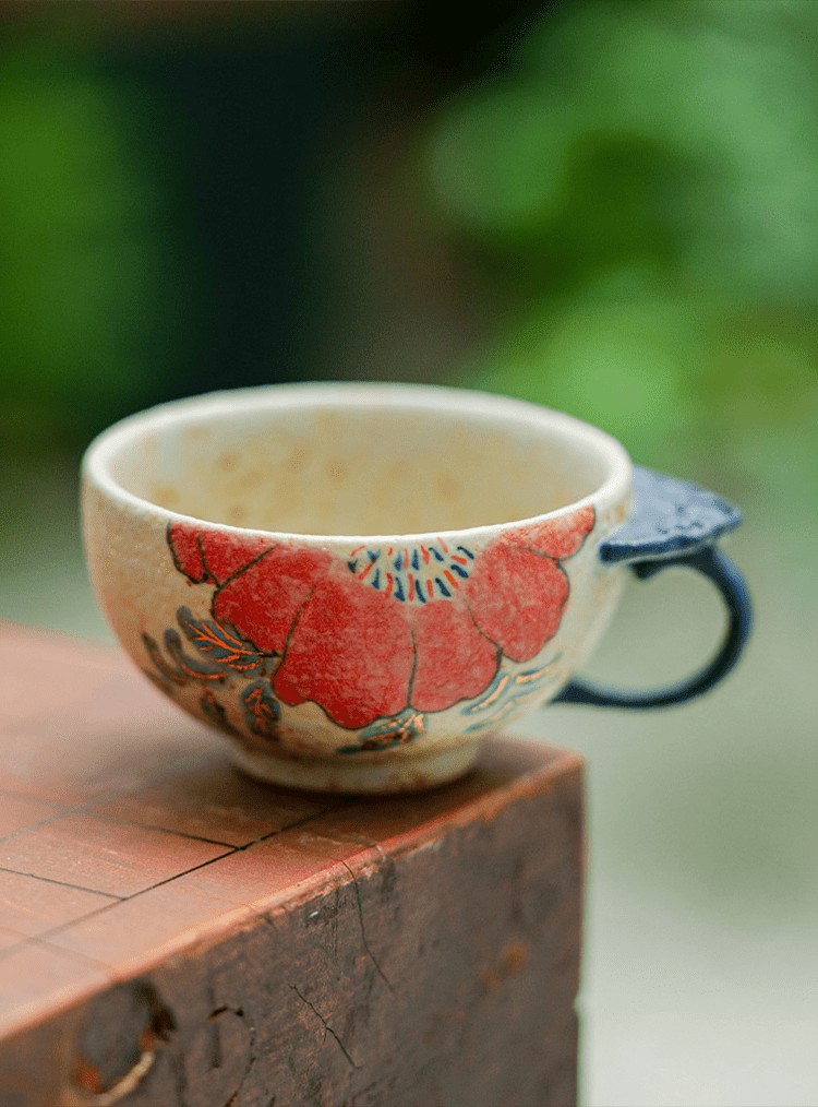 Handcrafted Ceramic Ruyi Handle Cup – Red Floral Teacup for Gongfu Tea | book lover gift box by NovelTeas