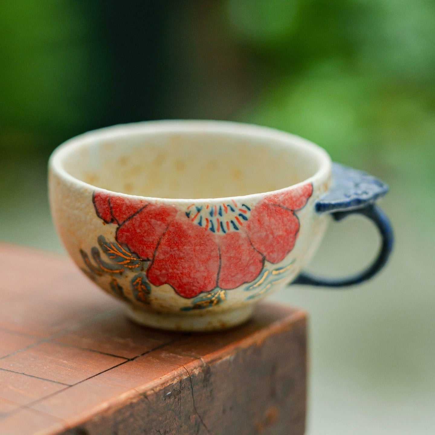 Handcrafted Ceramic Ruyi Handle Cup – Red Floral Teacup for Gongfu Tea | book lover gift box by NovelTeas