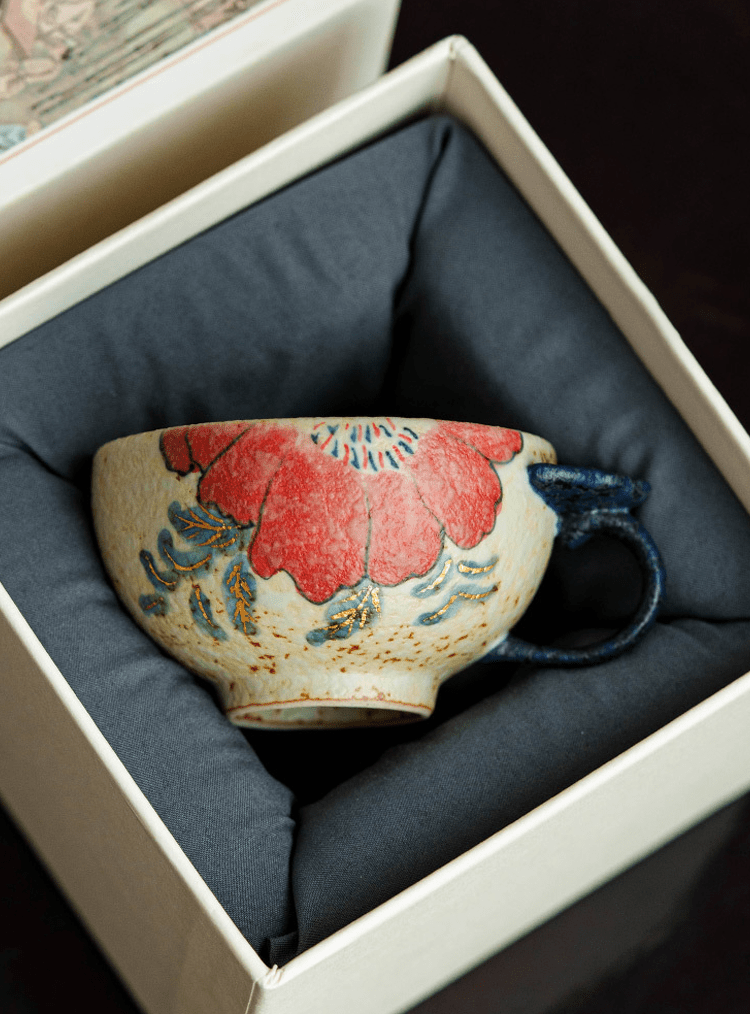 Handcrafted Ceramic Ruyi Handle Cup – Red Floral Teacup for Gongfu Tea | book lover gift box by NovelTeas