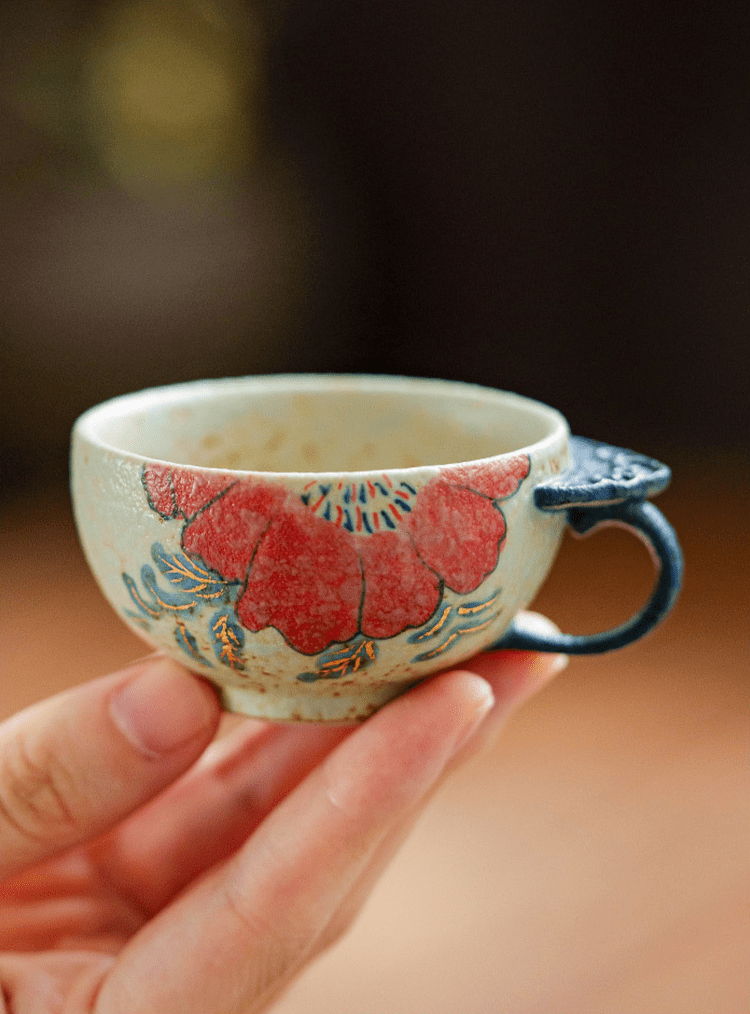 Handcrafted Ceramic Ruyi Handle Cup – Red Floral Teacup for Gongfu Tea | book lover gift box by NovelTeas