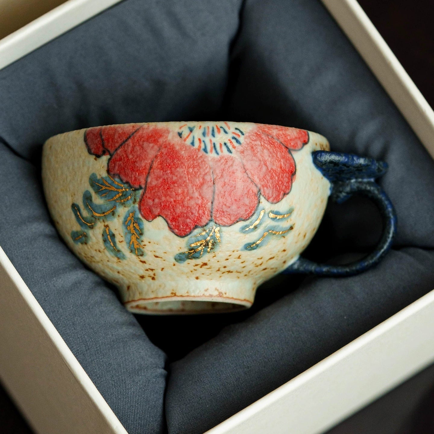 Handcrafted Ceramic Ruyi Handle Cup – Red Floral Teacup for Gongfu Tea | book lover gift box by NovelTeas