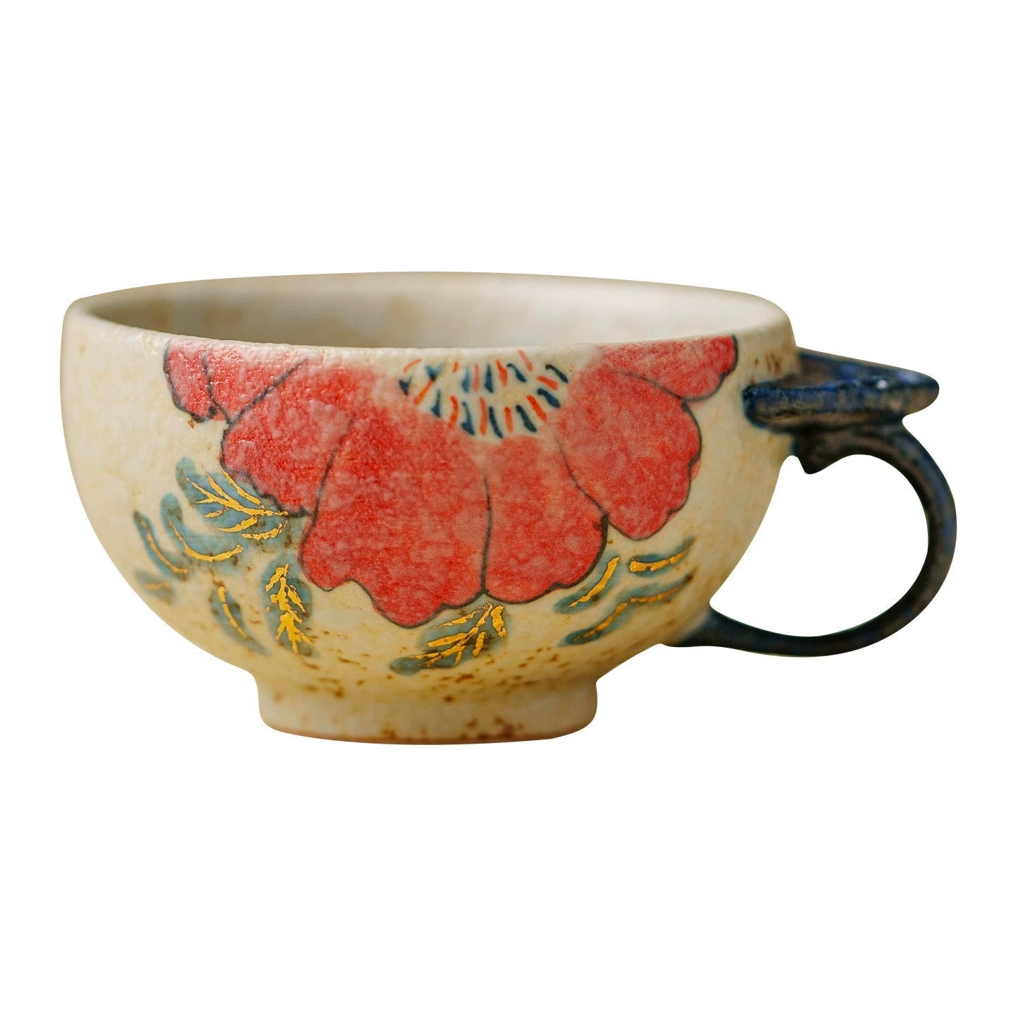 Handcrafted Ceramic Ruyi Handle Cup – Red Floral Teacup for Gongfu Tea | book lover gift box by NovelTeas